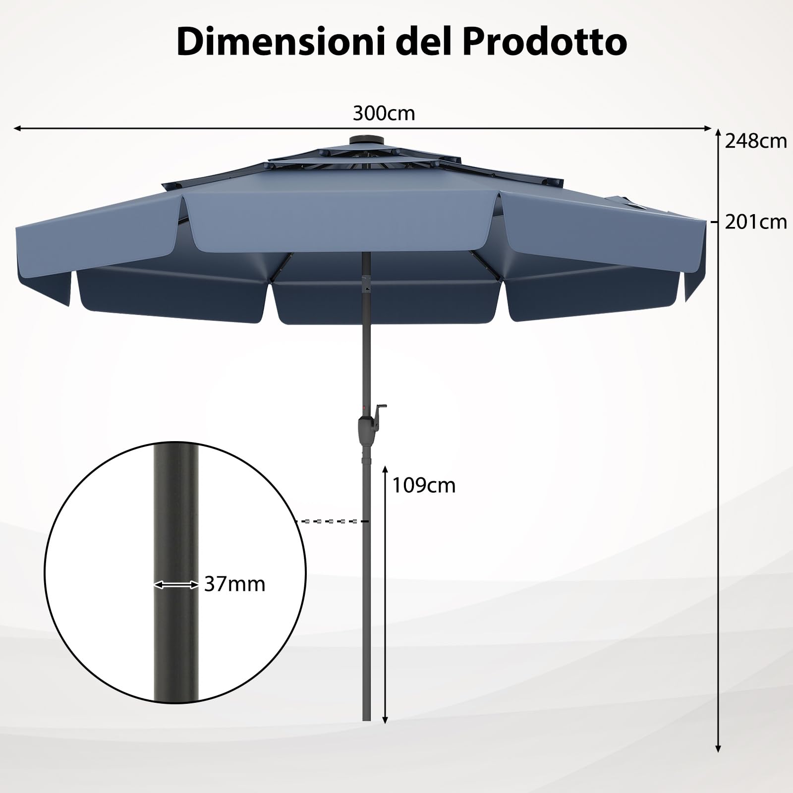 COSTWAY Ombrellone da Giardino 300 cm, 32 Luci Led Solari, con Regolazione Inclinazione, Manovella e 8 Stecche, Anti-UV, Tettuccio Ventilato a 3 Livelli (Blu, 32 Luci)