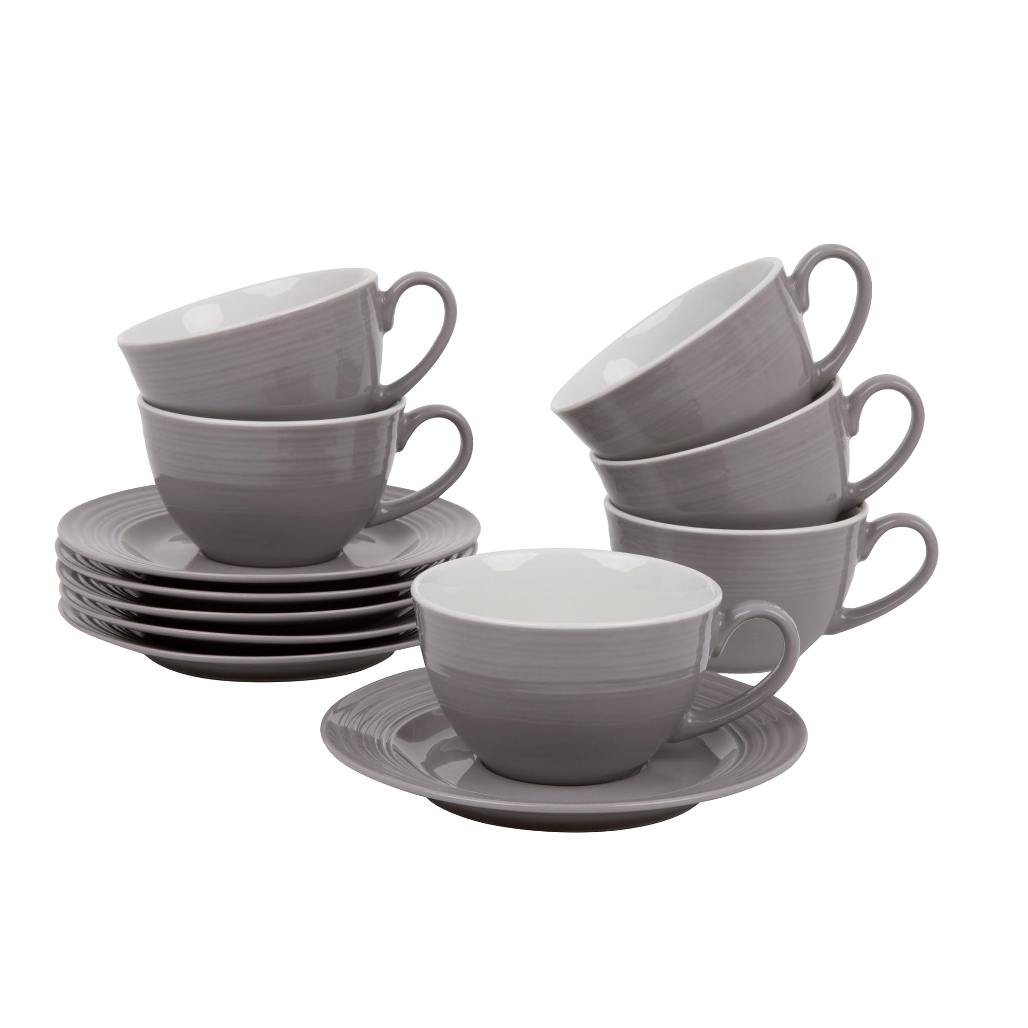 AMBITION Servizio da caffè in porcellana Linea con tazze e piattini, 12 pezzi | Set da caffè per 6 persone, grigio con struttura a linee sottili, lavabile in lavastoviglie e forno a microonde