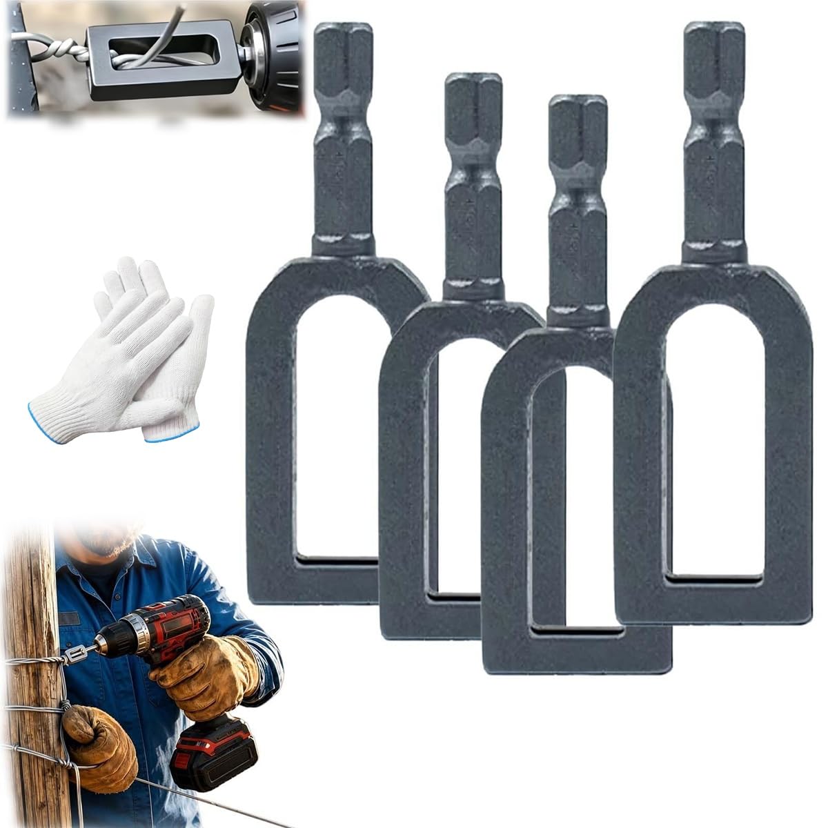 Wire Twister Tool for Drill, Wire Twister Tool for 9&11 Gauge Fence Wire, Heavy Duty Wire Twister for Drill with 1/4" Hex Shank, Rebar Tying and Construction(4pcs 9#)