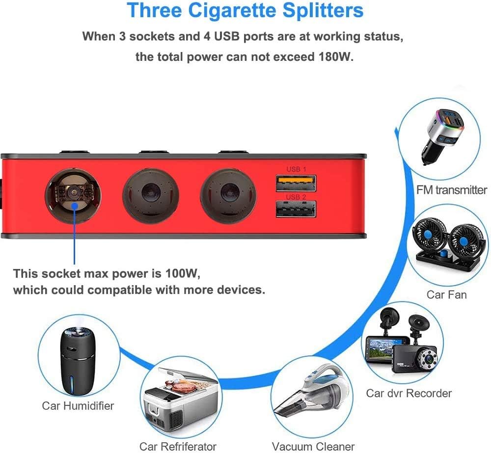 7 in 1 Cigarette Lighter Splitter, SONRU 180W QC 3.0 Car Charger Adapter with 3 sockets 12V/24V Max 6.6A 4-Port Quick Charge USB Outlet, Independent On/Off Switches & Voltage Display