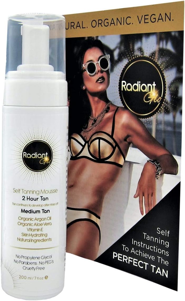 Self Tan Medium Mousse 200ml- 2 Hour Fast Safe Tanning - Natural Organic Vegan - Moroccan Argan Oil - No Nasty Ingredients +Achieve The Perfect Tan - Radiant Glo - Made In Australia
