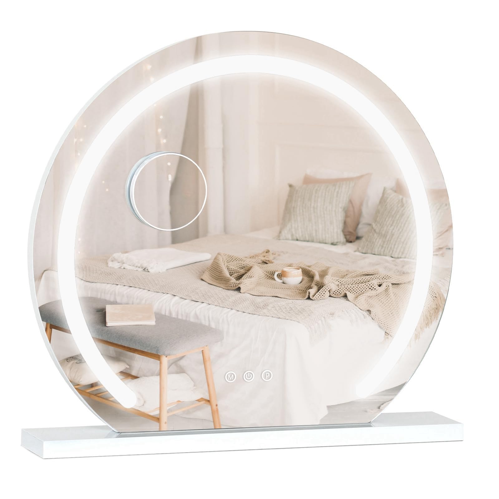 YOURLITE Miroir Maquillage Hollywood Rond D60cm, avec LED pour Coiffeuse, 3 Températures de Couleur dimmable, Port de Chargement USB, Loupe 10x, Installation Murale/sur Table