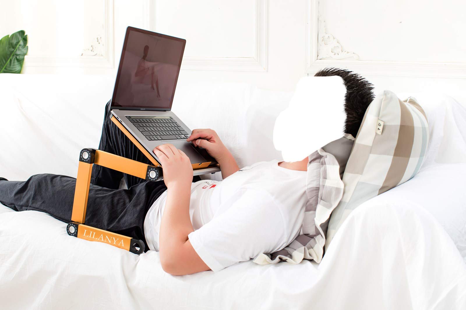 Support ergonomique pour ordinateur portable, portable, réglable, pour ordinateur portable, Ultrabook, MacBook pour lit et canapé avec ventilateurs USB pour le travail à la maison ou en voyage (jaune)
