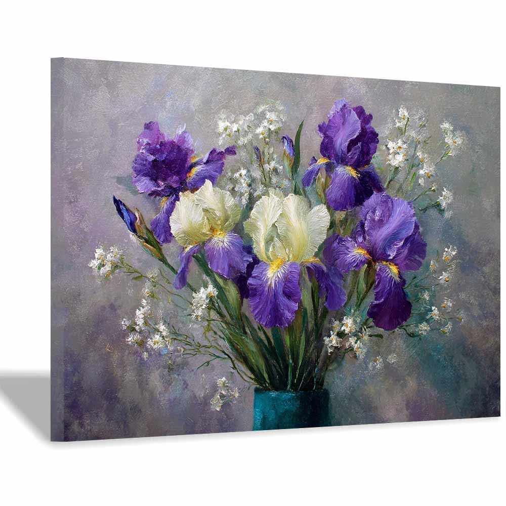 Hoqiu Multicolor Botanical Prints Purple Irises Floral Painting Artwork, Wall Decoration Living Room Bedroom Hallway Stairs Decoration.(Multicolor)-60X80cm Framed