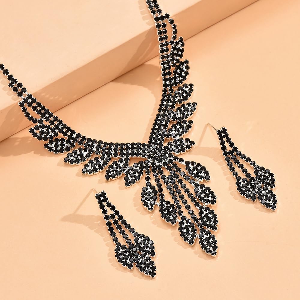 Boho Fashion Prom Shinny Luxury Black Rhinestones Choker Necklace Earrings Set Dainty Layered Sexy Body Chain Choker Necklace Dainty Halloween Christmas Necklace for Women - Image 4