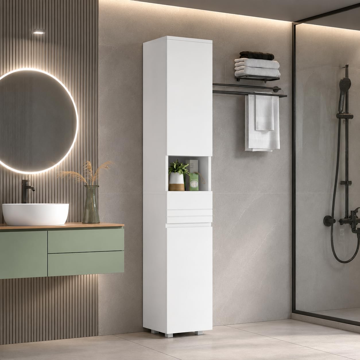 AVC Designs Tall Bathroom Cabinet Slim Narrow Storage Utility Bathroom Unit With Cabinets, Adjustable Shelves, A Drawer 30 x 30 x 170cm