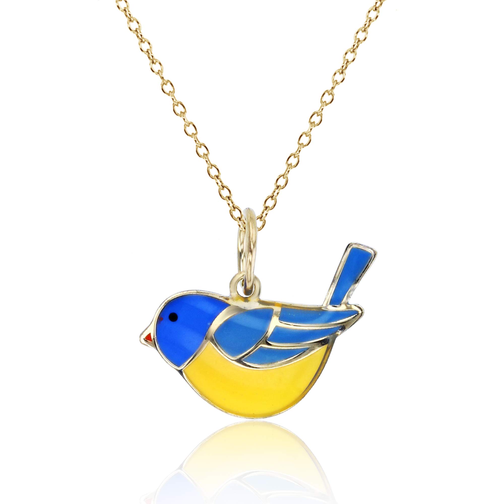 14K Yellow Gold Solid Enamel Bird Necklace For Women With a 14K Gold 18" Cable Chain