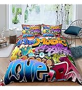 Hiphop beddengoedset, kleurrijk hippie graffiti dekbedovertrek voor kinderen, jongens, tieners, dekbedovertrek met abstracte abstracte kunst, psychedelische spreihoes, slaapkamercollectie, 3-delig