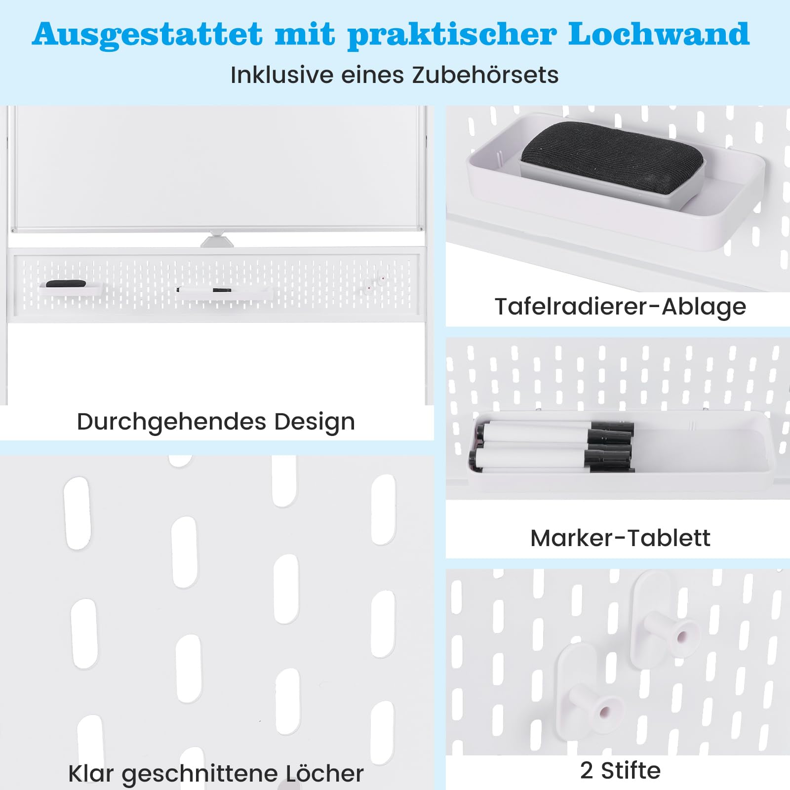 COSTWAY Doppelseitiges mobiles Whiteboard, 120 x 90 cm, Trocken abwischbares magnetisches Whiteboard mit Stecktafel, Rollen und Ständer, inkl. Zubehör für Büro, Zuhause, Weiß