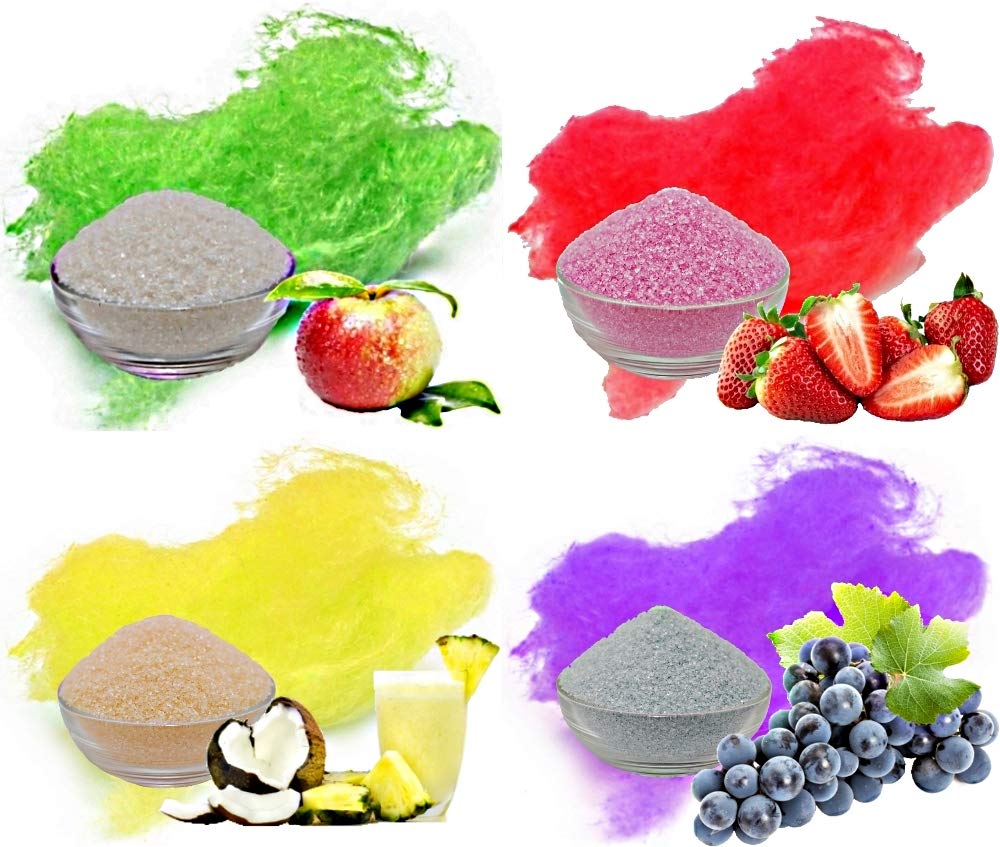 4x 1kg Aromazucker Set mit Geschmack Apfel Erdbeer Pina Colada Traube farbiger Zucker für Zuckerwatte