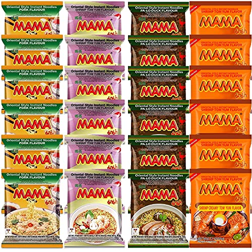 Mama Oriental Style instant noodles Mix Flavor Bundle Package Total 30 Packs (4 Flavor Mix Shrimp Tom Yum, Pa Lo Duck, Shrimp Creamy Tom Yum, Pork), each flavor 7-8 bags Total 30 small bags noodle