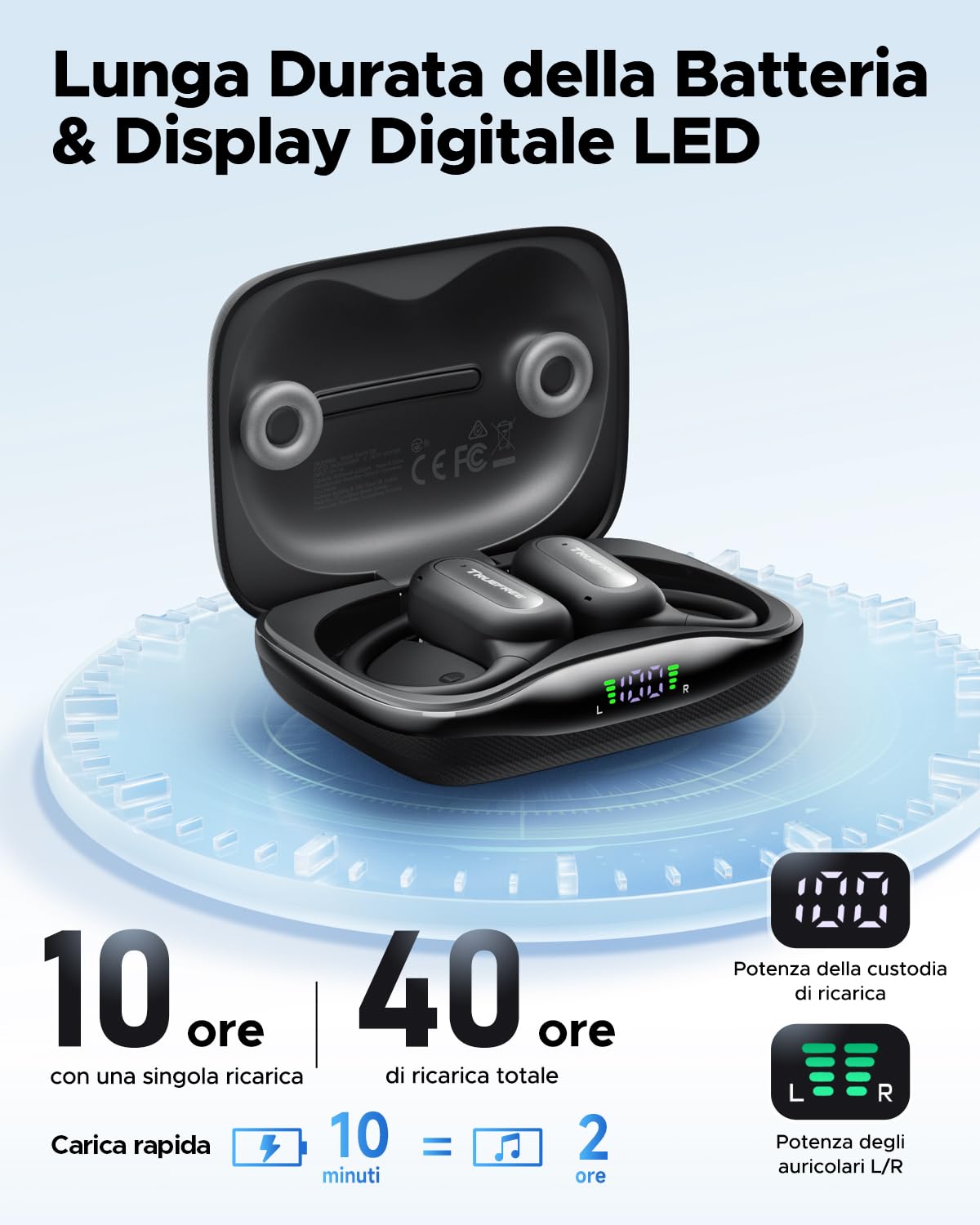 truefree EarFit DS1 Cuffie Bluetooth 6.0, Wireless Auricolari Sport con Cordino, 40 Ore di Riproduzione, 4 HD Mics, IPX5 Impermeabili, Controllo Tattile, per Corsa/Fitness/Palestra, Nero