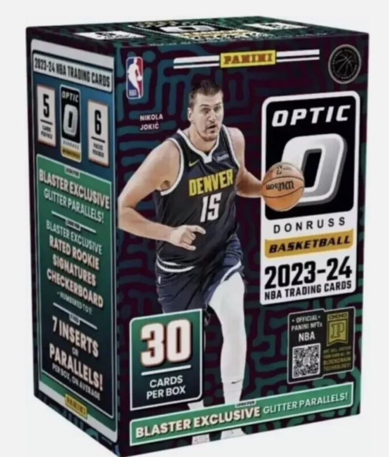 2023-24 Donruss Optic NBA Basketball Factory Sealed Blaster Box 6 Packs of 5 Cards. Look for Blaster Exclusive Glitter Prizm Parallels. Find 7 Inserts or Parallels Per Box on Average.