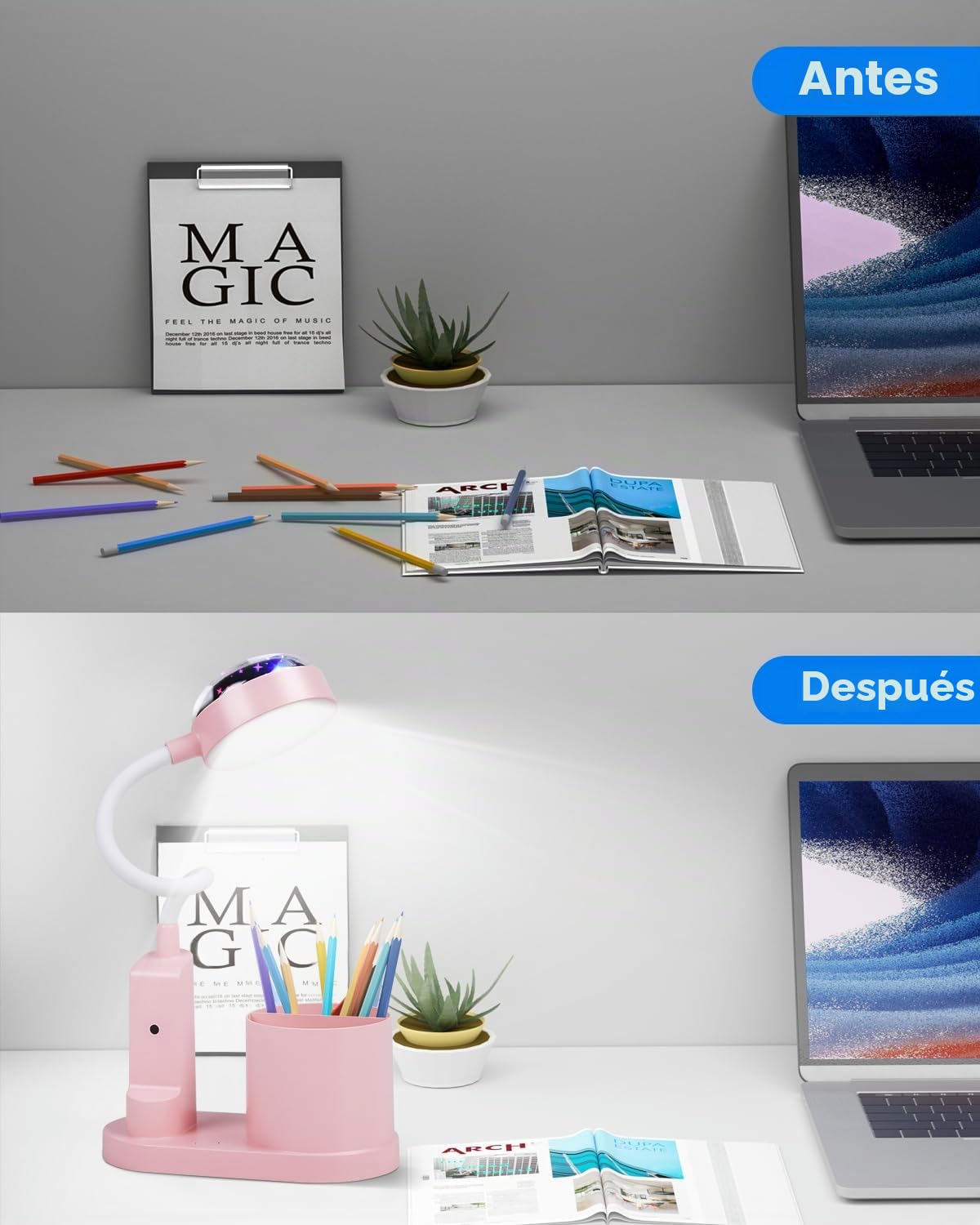 TechKen Lámpara de Escritorio para Niños, Lámpara de Noche LED Regulable Flexo LED para Lectura con Portalápices Lámpara de Mesa de Estudio Cuello de Cisne con Ces Proyección de Estrella | Regulable Niveles de brillo, lámpara recargable de cuello de cisne