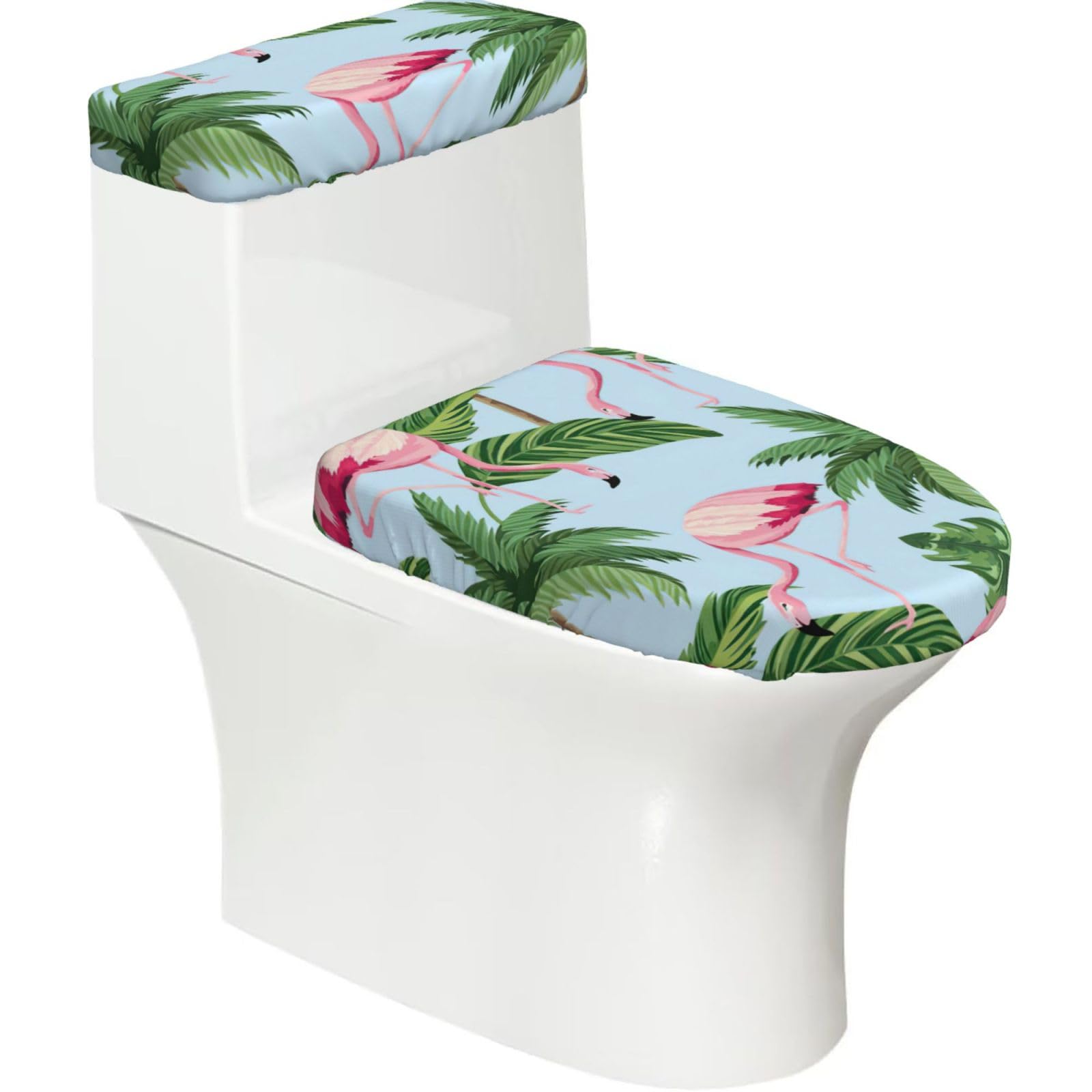 Tropical Flamingos Print 2-Piece Stretch Toilet Cover Set, Elastic Breathable Toilet Seat and Tank Lid Protector