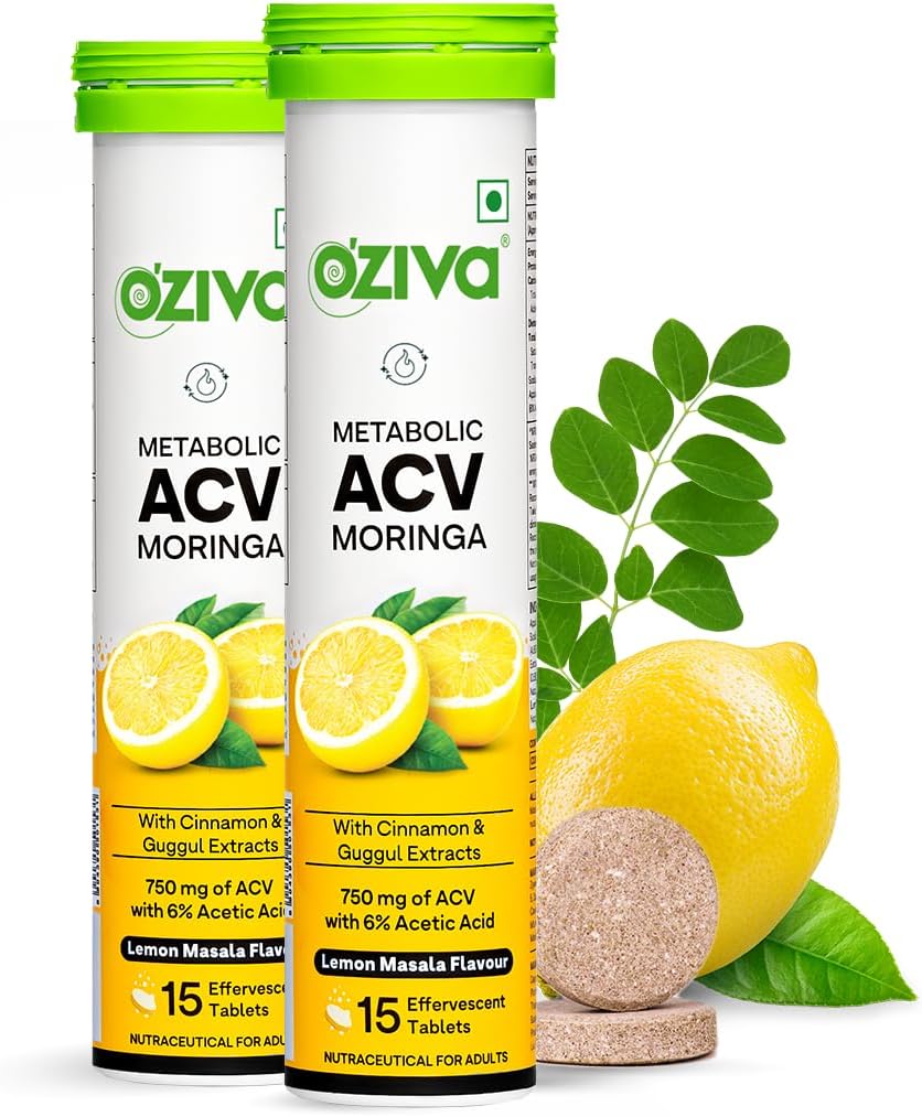 OZiva ACV Moringa | Control Cravings I Apple Cider Vinegar, Cinnamon, Guggul I No Maltodextrin & No Added Sugar I 15 Effervescent Tablets - Lemon Masala, Pack of 2 (30 Tablets)