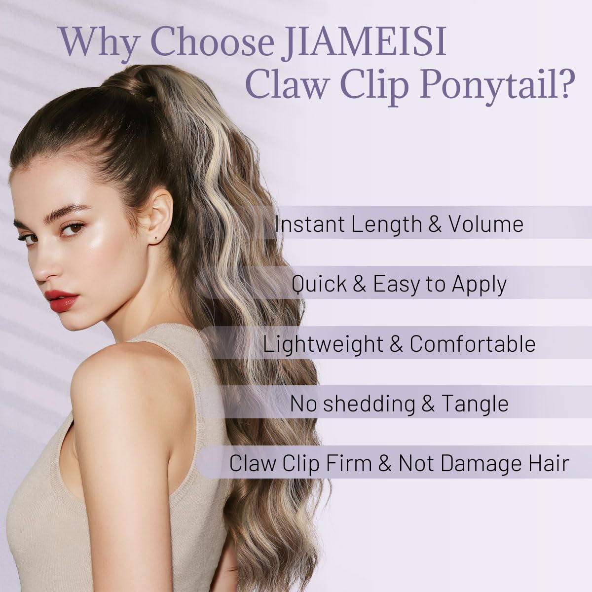 JIAMEISI Ponytail Extension 18 Inch Claw Clip Ponytail Hair Extensions Long Curly Wavy Highlight Clip in Pony Tails Extension Synthetic Fluffy Hairpiece for Women (Chestnut Brown Mixed Ash Blonde) - Image 2
