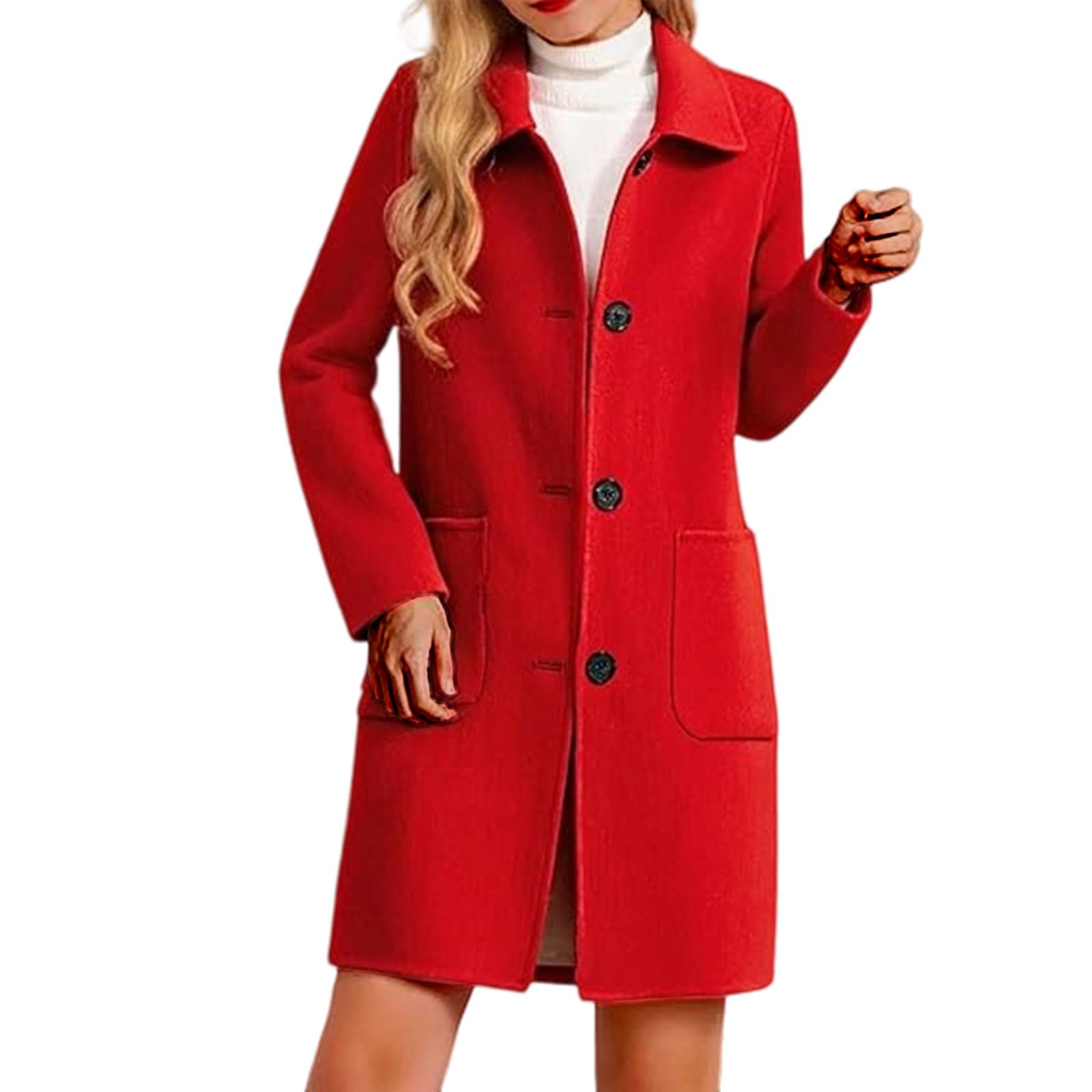 Womens Trench Coat Mid Length Single Breasted Lapel Collar Winter Coat Casual Long Sleeve Warm Outwear