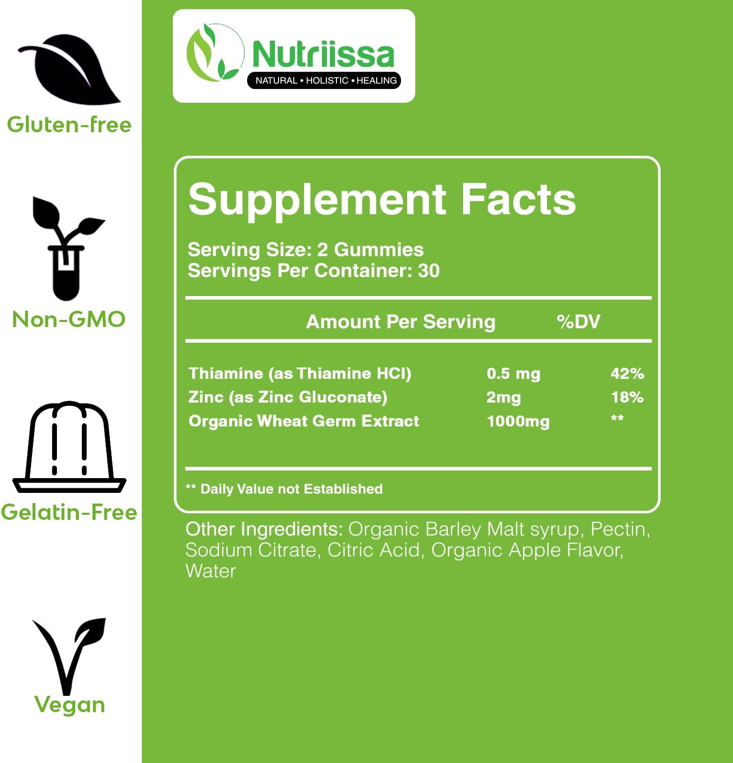 Nutriissa Organic Wheat Germ Extract with Thiamine and Zinc Supplements - World's First Spermidine Gummies - 1000mg Gummy Supplement Rich in Dietary Fiber, Minerals - 1000mg (60ct)