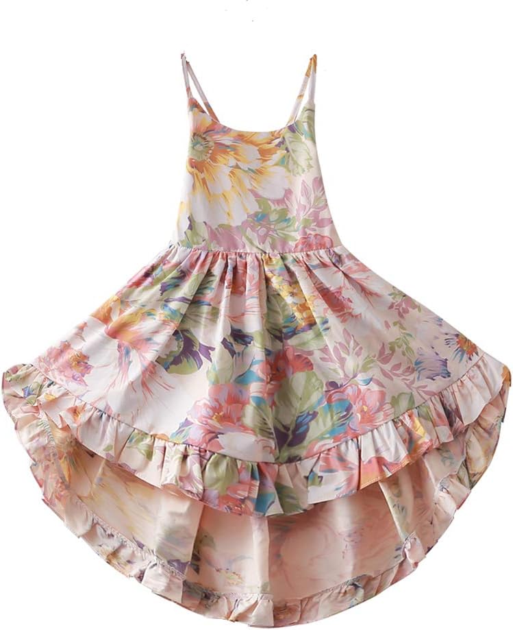 BcaurGirls' 2T-12 Cotton Floral Dress Summer Backless Casual Sundress - Brown - 6/7