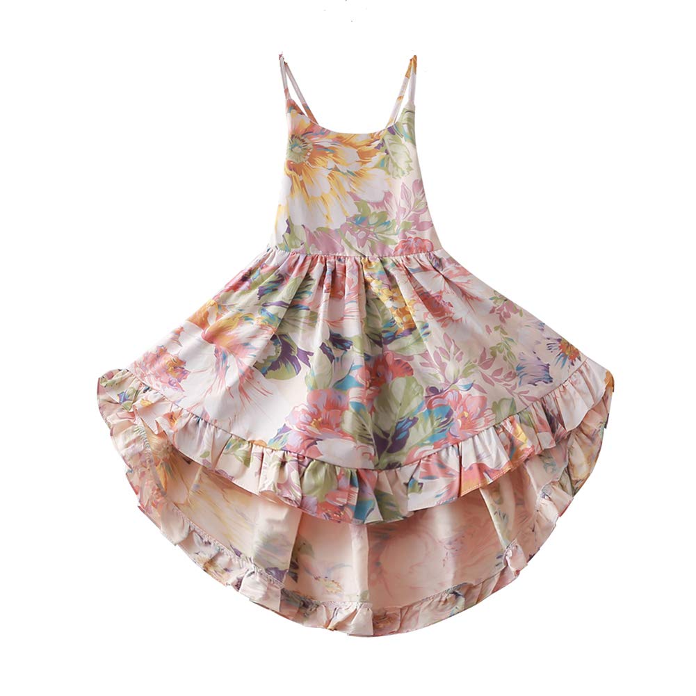 BcaurGirls' 2T-12 Cotton Floral Dress Summer Backless Casual Sundress - Brown - 6/7