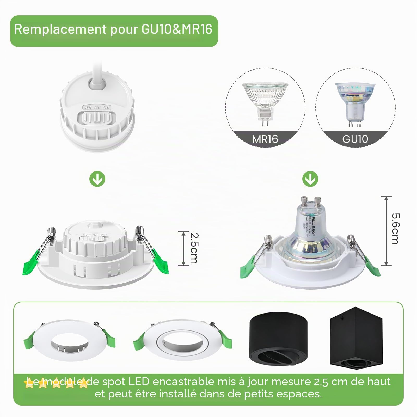 ALUSSO LIGHTING Module LED Ultra Plat ø50x25mm pour Spot Encastrable, 6W 540lm 230V, Blanc Chaud Blanc Naturel Blanc Froid Dimmable, Remplace les Ampoules GU10 MR16, étanche IP44, Pack de 6