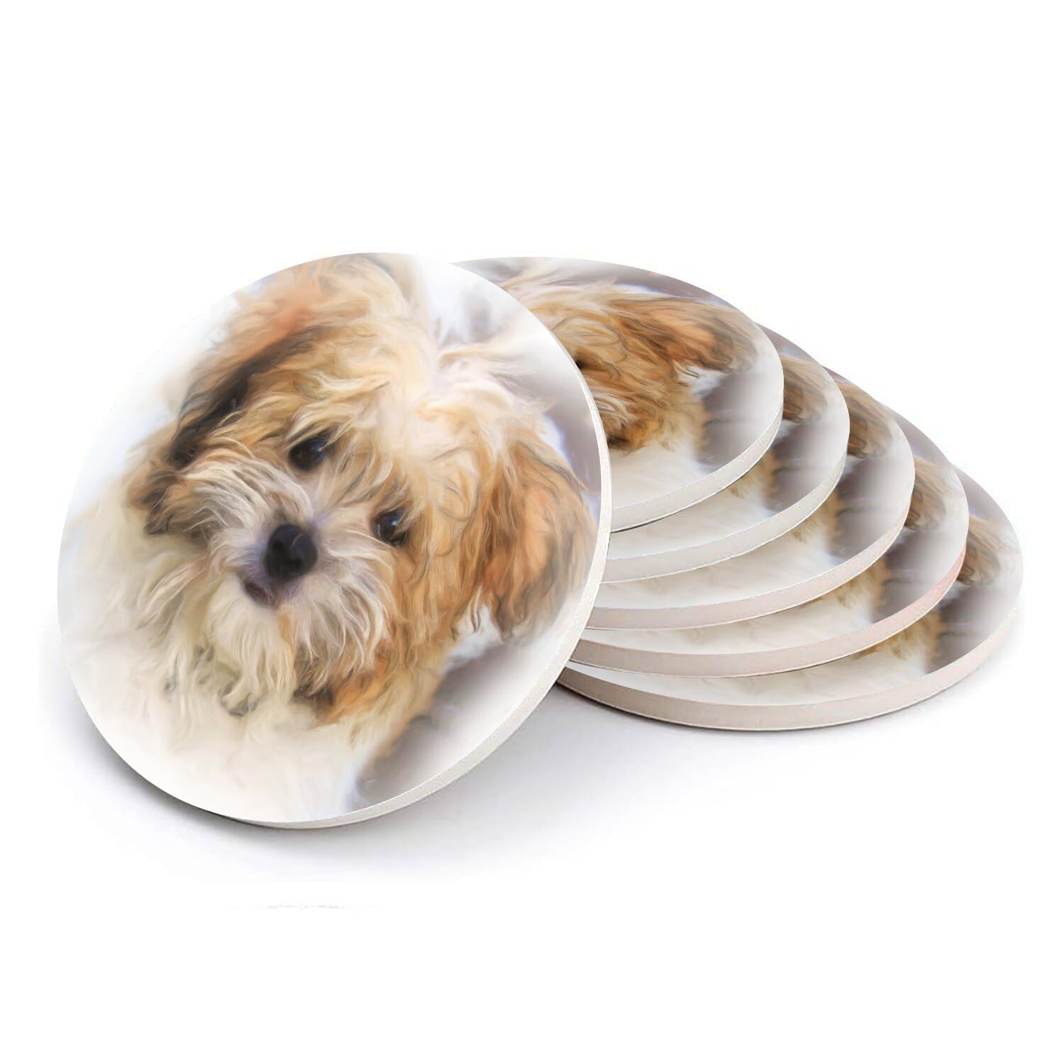 Sous verre ronds en céramique caniche beige (lot de 6, 108x108 mm) pour table