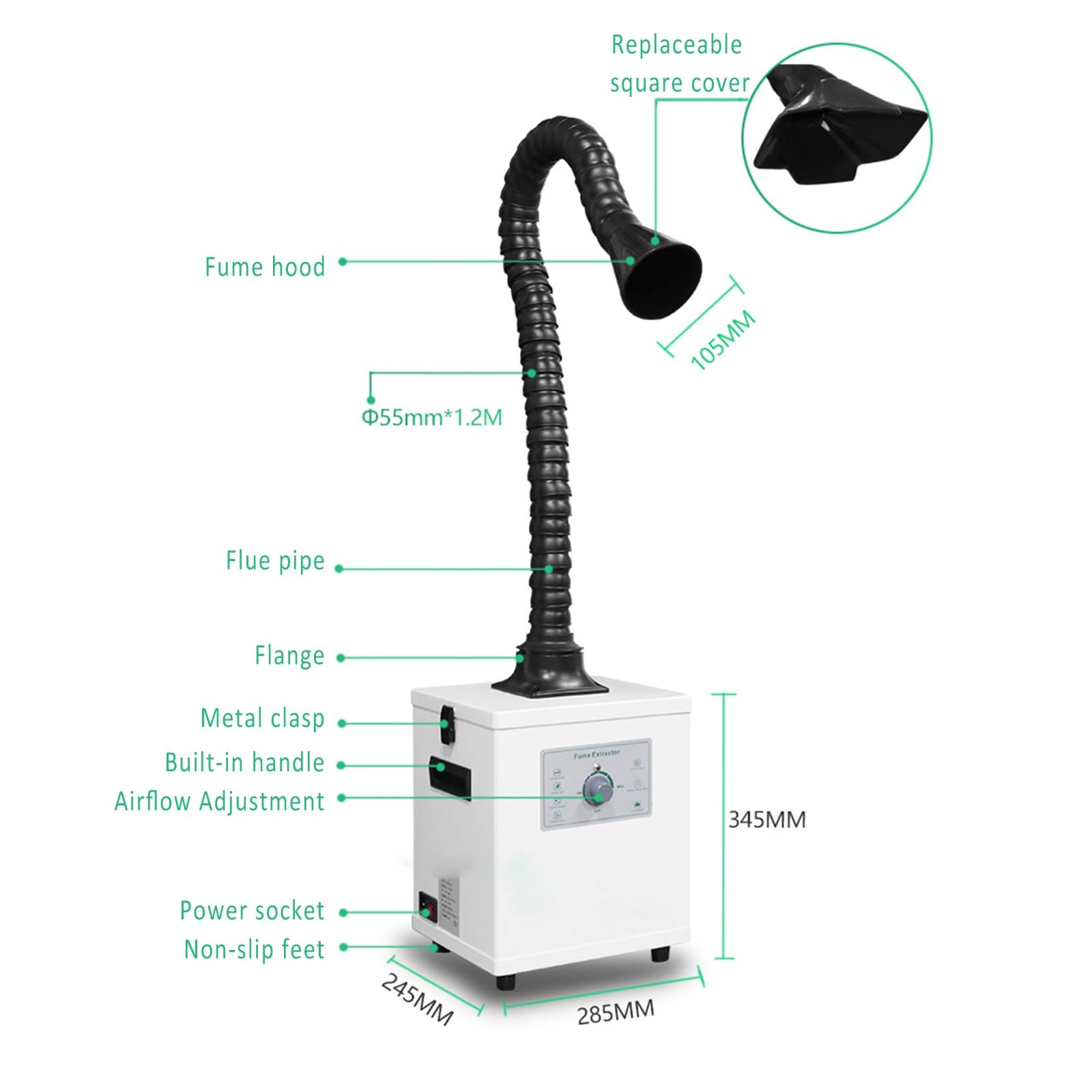 Mobilny mały wyciąg oparów, wyciąg oparów spawalniczych o mocy 150 W z 2 kapturami zbierającymi opary, regulowana rura wyciągowa 360°, regulowane ssanie, do warsztatów, garaży