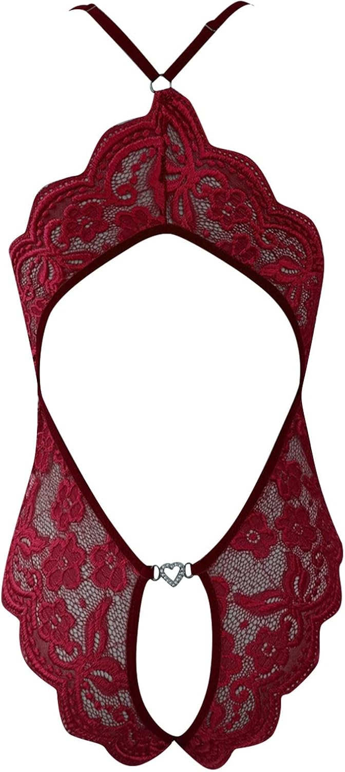 Sexy Lingerie for Women Leotard Bodysuit Lace Crotchless Self Knot Front Deep V Neck Open Back Babydoll Exotic Dress