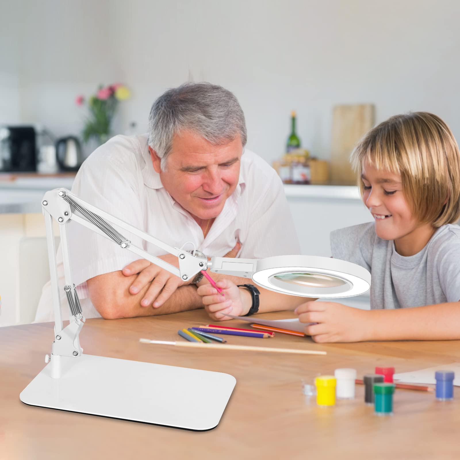 Lente d'Ingrandimento da 15X con Luce, Controllo Tattile, Lampada da Scrivania con Ampia Base e Morsetto, 3 Modalità di Colore Regolabili, Lente d'Ingrandimento con Luce per Hobby e Passatempi, Bianco
