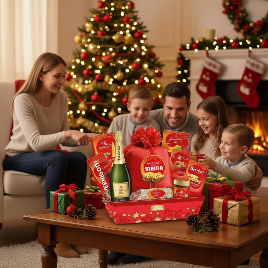 Le Cadeau Cesto di Natale Mimosa, Panettone, Spumante Da Costa, Dolci, Salumi, Pasta, Sughi, Snack, Set Gastronomico Italiano, 9 Prodotti