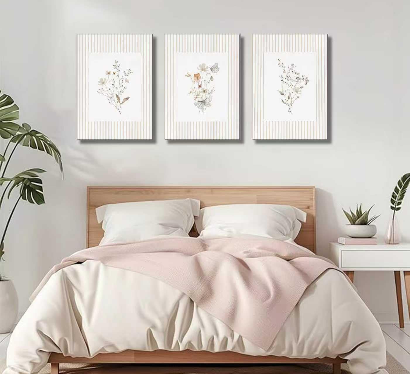 3Psc Striped Floral Canvas Wall Art Neutral Minimalist Flower Painting Picture Wall Decor Boho Vintage Wildflower Poster Print Artwork for Living Room Bathroom Home Decoration12x16 Inch