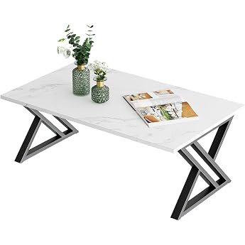 Garden 4 you X Coffee Table Coffee Table Living Room Table Wooden Sofa Table Coffee Table Side Table for Living Room Easy Assembly X Struts Marble White and Black Metal Frame White