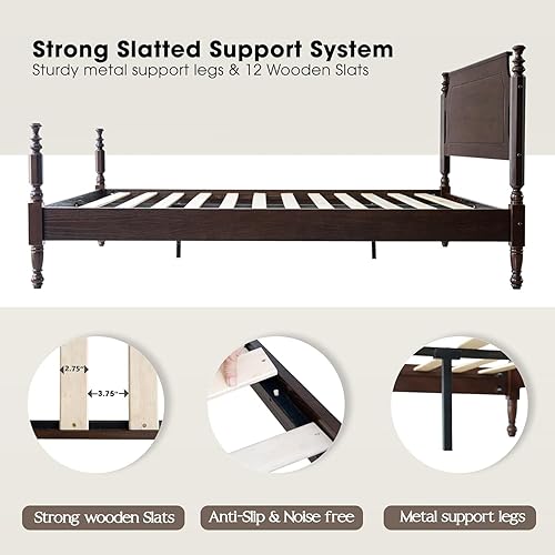 Miniatura 9 de Base de cama tamaño Queen, plataforma de madera maciza con cabecero y estribo, patas centrales de metal, 12 listones de alta resistencia, sin ruido