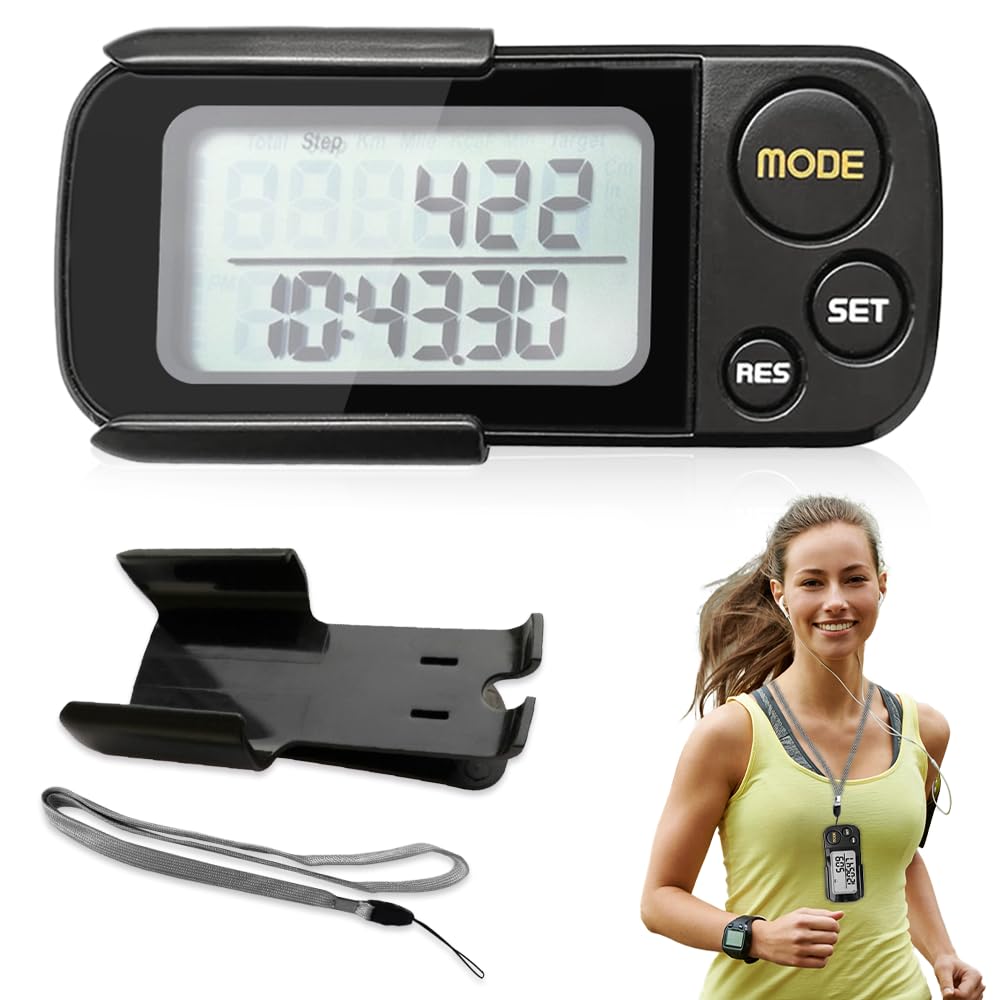 Podomètre Marche 3D, Compteur De Pas Distance Calories Horloge avec Clip et Lanière Podomètre Numérique 3D Portable Pas de Bluetooth 30 Jours de Mémoire pour Femme Homme Enfant, Noir