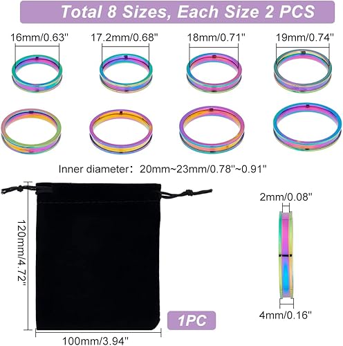 Miniatura 5 de UNICRAFTALE 16 anillos de acero inoxidable ranurados de 8 tamaños con bolsas de terciopelo, anillo vacío redondo para incrustaciones, anillo de