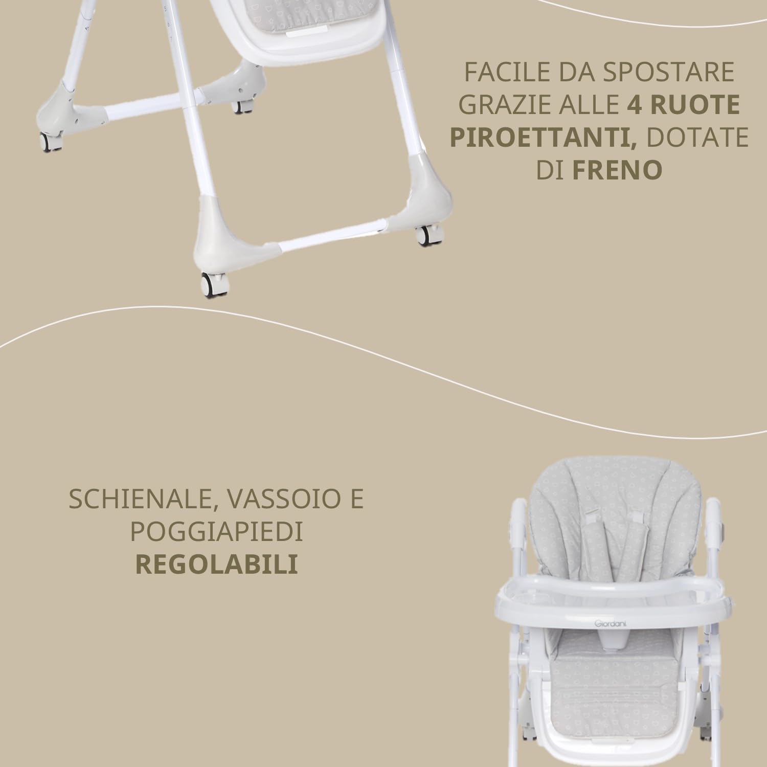 Giordani G-Snack Seggiolone Pappa 6 Mesi - 15kg, Altezza Regolabile in 7 Posizioni, Schienale e Poggiapiedi regolabili, 4 Ruote con Freno, Chiusura Compatta Salvaspazio e Doppio Vassoio Lavabile
