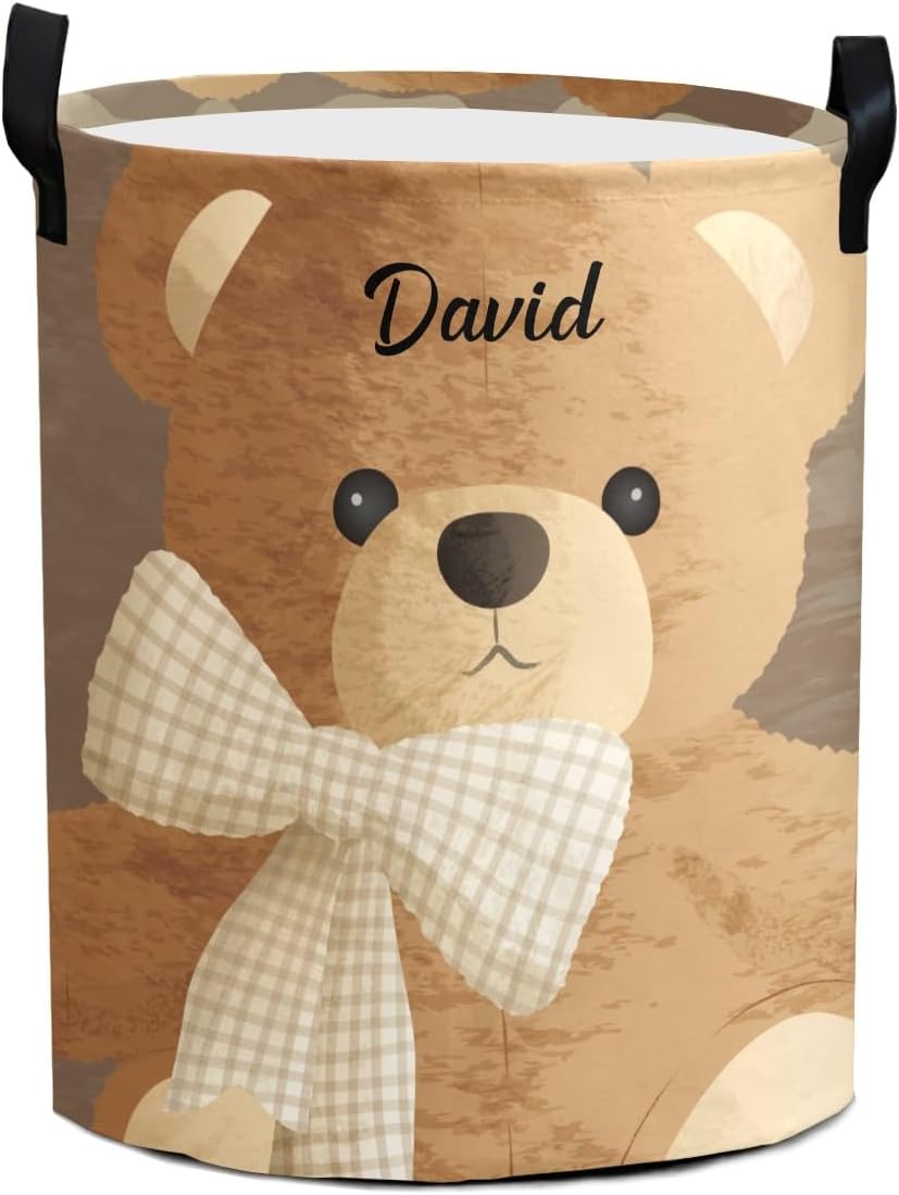 Brown Teddy Bear Bow Personalized Laundry Basket Custom Name Collapsible Waterproof Laundry Hamper Clothes with Handle for Bedroom Bathroom Nursery Decor