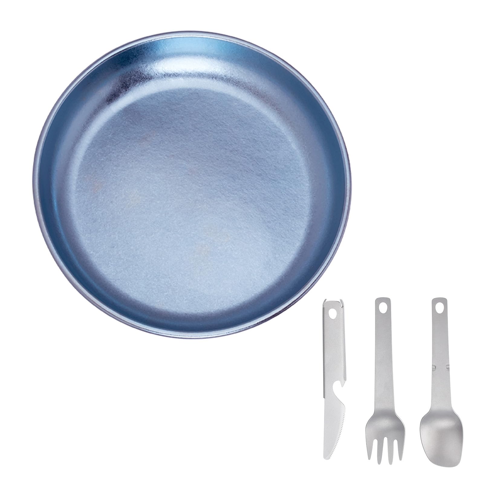Campingteller, Titan-Grillteller, Metall-Salatteller, Ultraleichtes Outdoor-Ess-Set für Camping, Grillen, Eiskristallblau, 3-teiliger Anzug (Eiskristallblau)