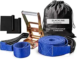 Slackline Azul 15 M Catraca + Alças + Protetores + Bolsa