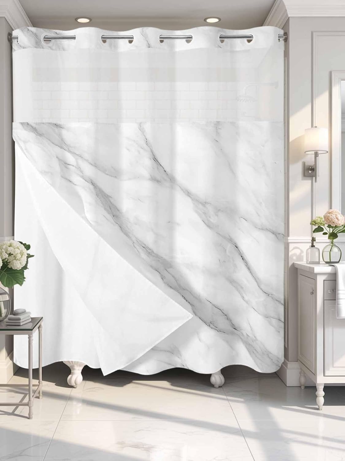 Marble No Hook Shower Curtain with Snap in Liner Set, Modern Grey White Rock Monochrome Simple Waterproof & Washable Fabric, See Through Mesh Top Window Bath Curtain for Bathroom Bathtub Hotel 66"x72"