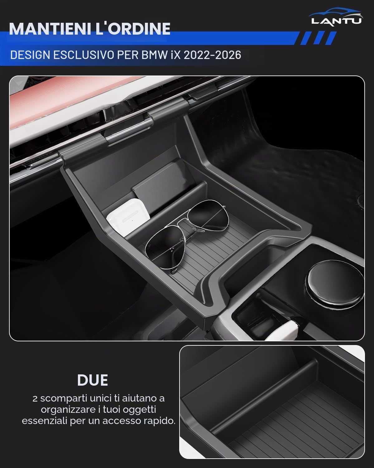 Vassoio Organizzatore per Console Centrale per BMW IX 2022-2026, Scatola Portaoggetti con Anti-Slip Silicone Liquido, Accessorio BMW IX, Design Brevettato (Superiore)
