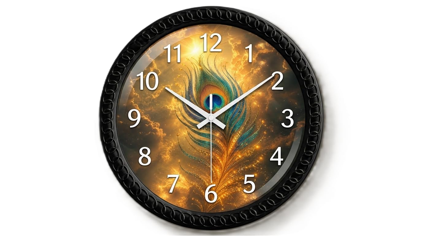 Golden Peacock Feather Wall Clock 10 Inch SilentClock | HD Printed Mor Pankh Decorative Wall Clock for Living Room, Bedroom, Office & Home | Premium Black Frame Analog Clock_GMP_18-picture-25