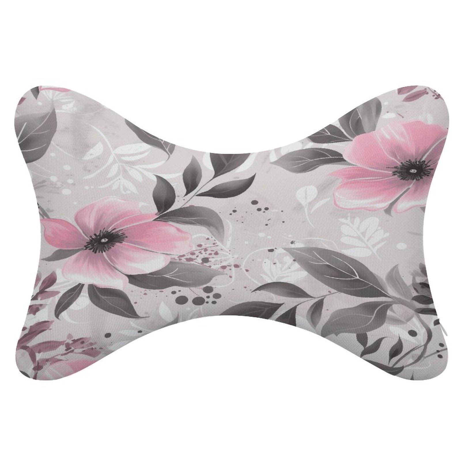 VstaDank Pink Flowers and Leaves on Gray Car Neck Pillows 2 Pack Removable Ergonomic Cervical Support Pillow Fashion Cozy Bone Shaped Pillows Soft Car Headrest Pillow for Office Airplane Most Car