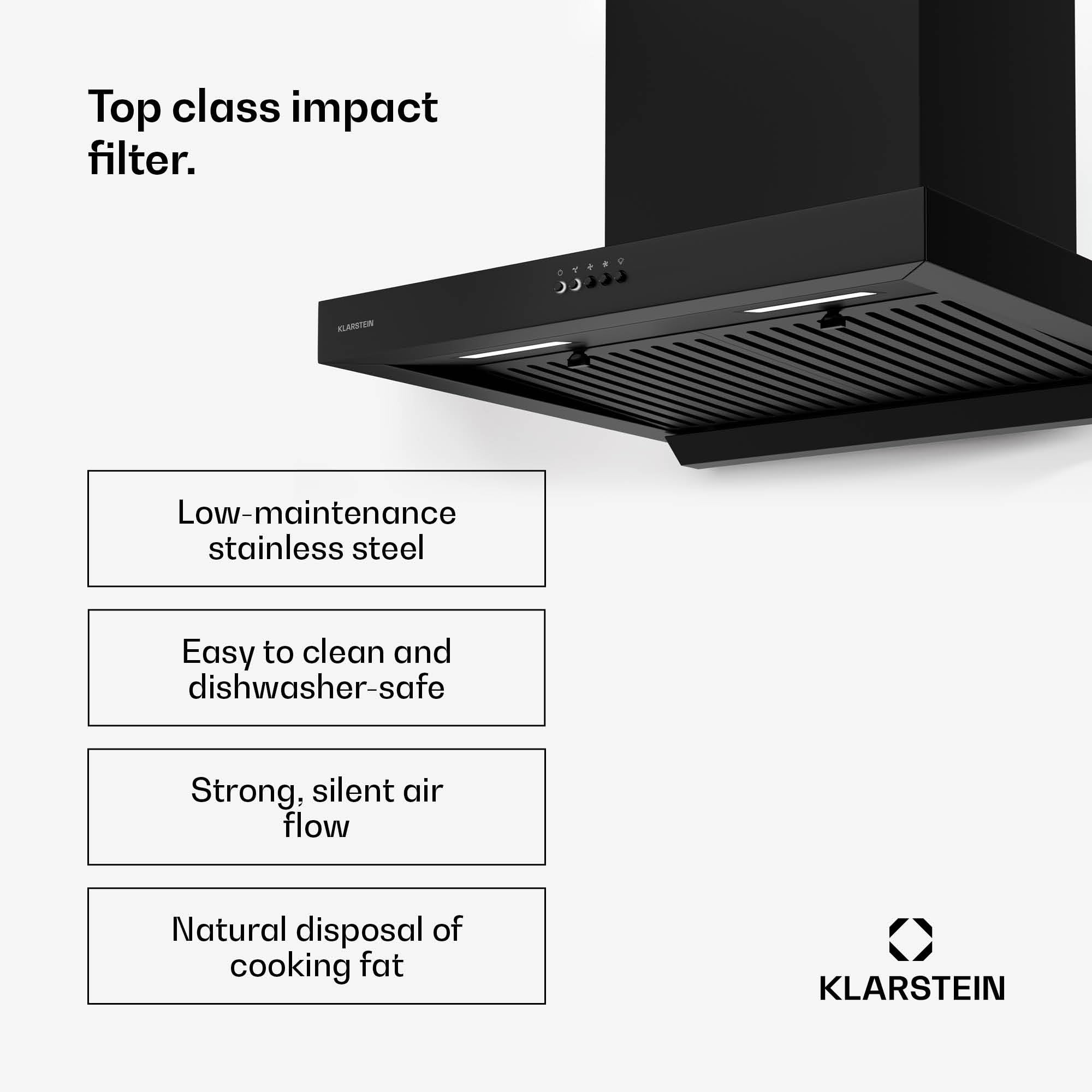 Klarstein AeroClean Okap kuchenny - Okap ścienny 60 cm, Tryb Boost 721 m³/h, Klasa energetyczna A++, Oświetlenie LED 3800-4200 K, Przyciski, Czarny, Wyciąg i recyrkulacja