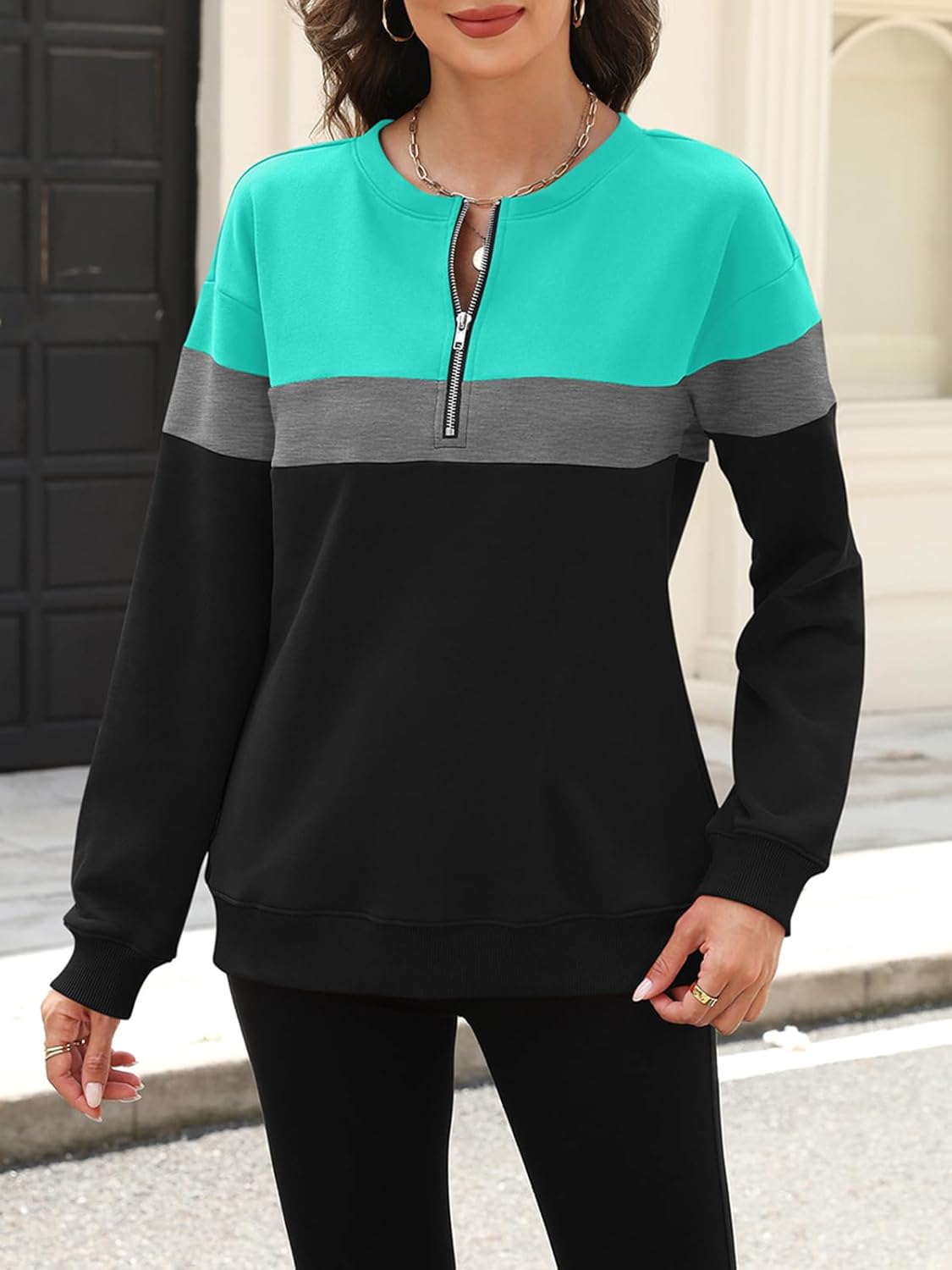 Womens Sweatshirts Half Zip Fleece Pullover Tops Color Block Quarter Zipper Hoodies Fall Winter Clothes - Image 2