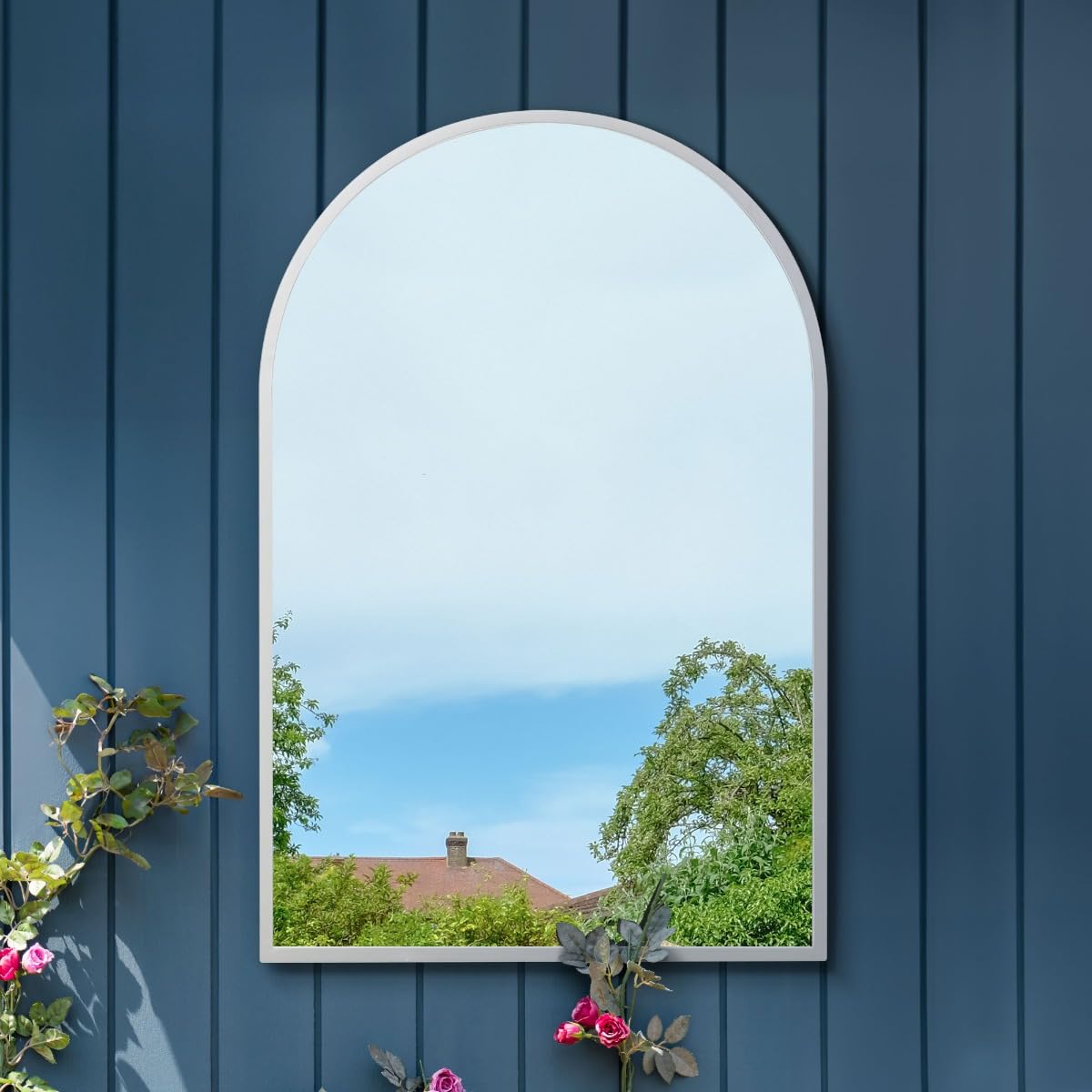 MirrorOutlet The Arcus - White Metal Framed Modern Arched Garden Wall Mirror 47" X 31" (120CM X 80CM) Gold. 2cm Wide Frame and 3cm Deep.