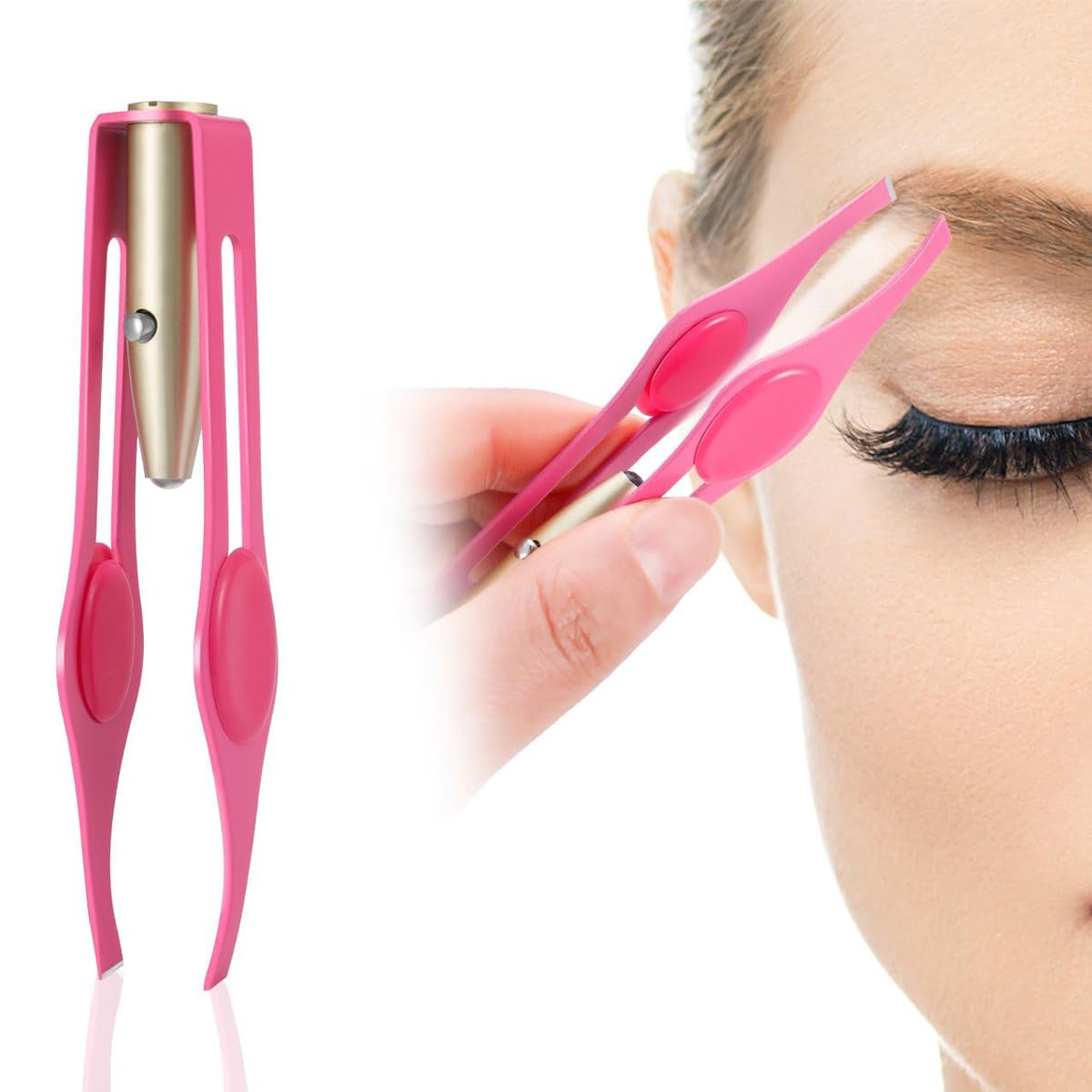 POFET Pinzas de Belleza con luz LED - Set de 2 de Acero Inoxidable para Depilación Precisa de Pestañas y Cejas, con Luz para Hombres y Mujeres (Rosa y Rojo)