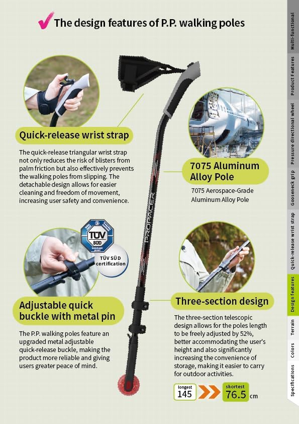 Vista 8 de Bastones nórdicos de segunda generación con ruedas silenciosas de flash, bastones de senderismo de doble propósito