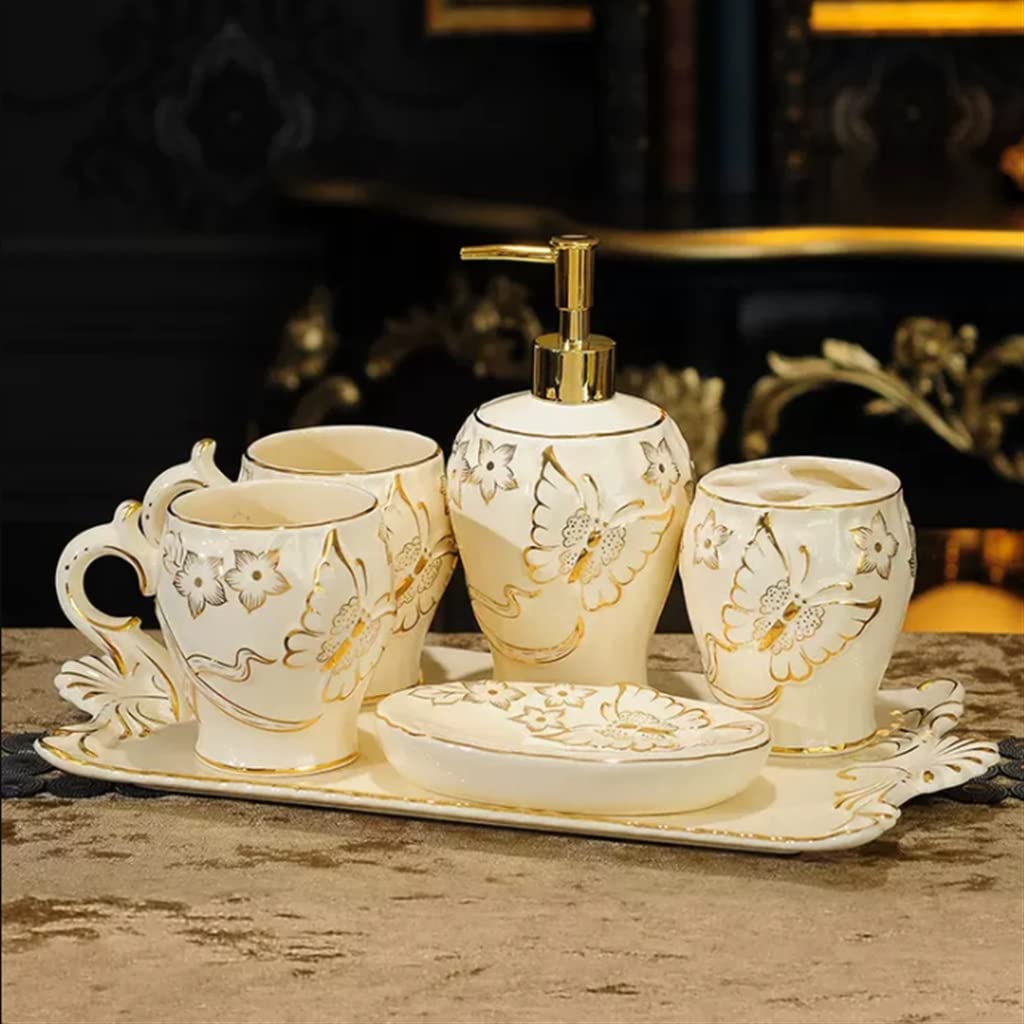Juego de baño de cerámica de 5 piezas estilo europeo con dos tazas y jabonera